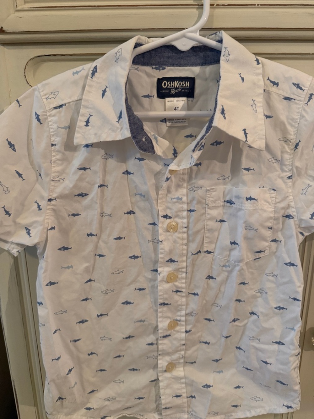 OshKosh B'gosh White Short-Sleeve Button-Up with Blue Shark Print